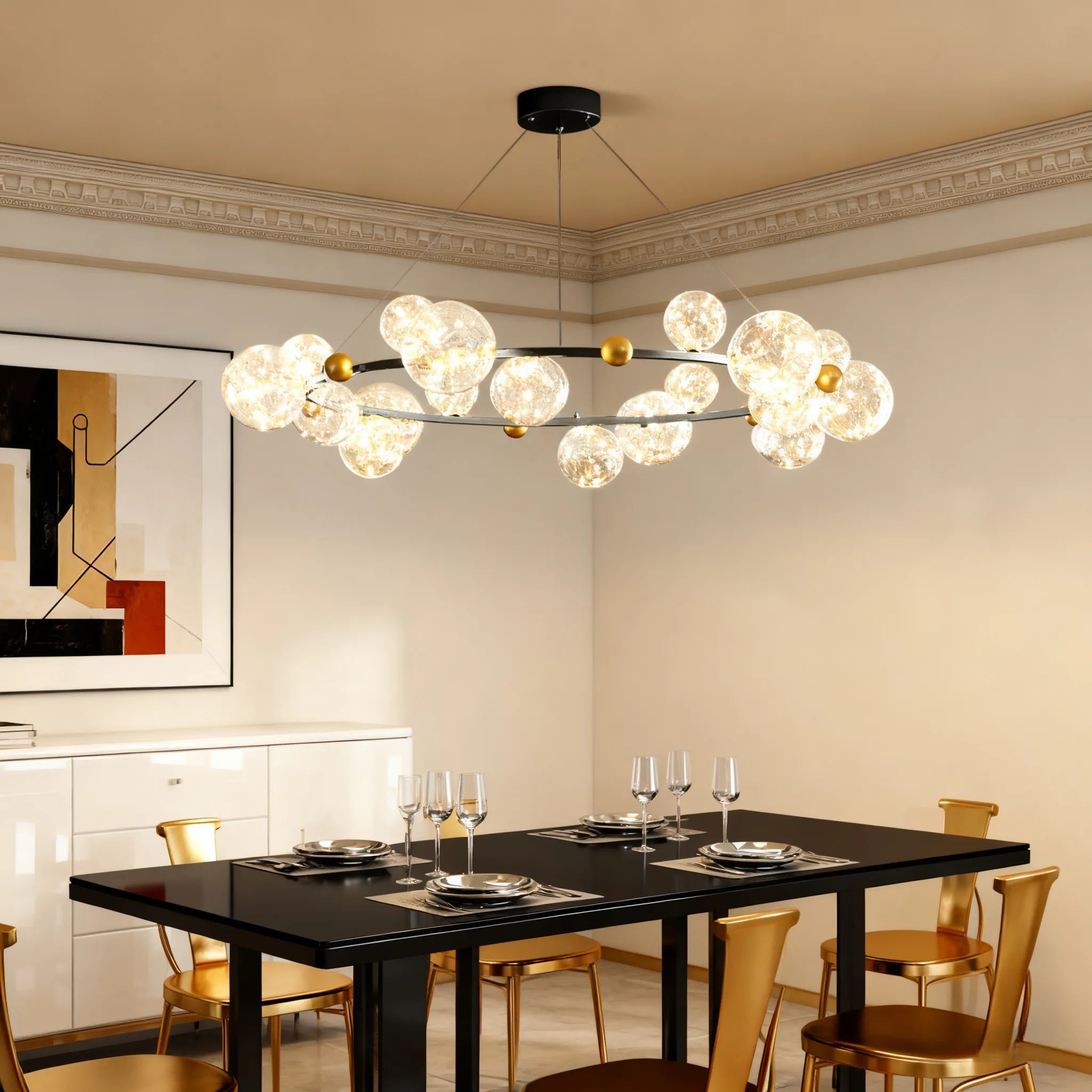 Lámpara de araña moderna de burbujas – Metal dorado/negro con vidrio cristal claro para cocina - Flindria