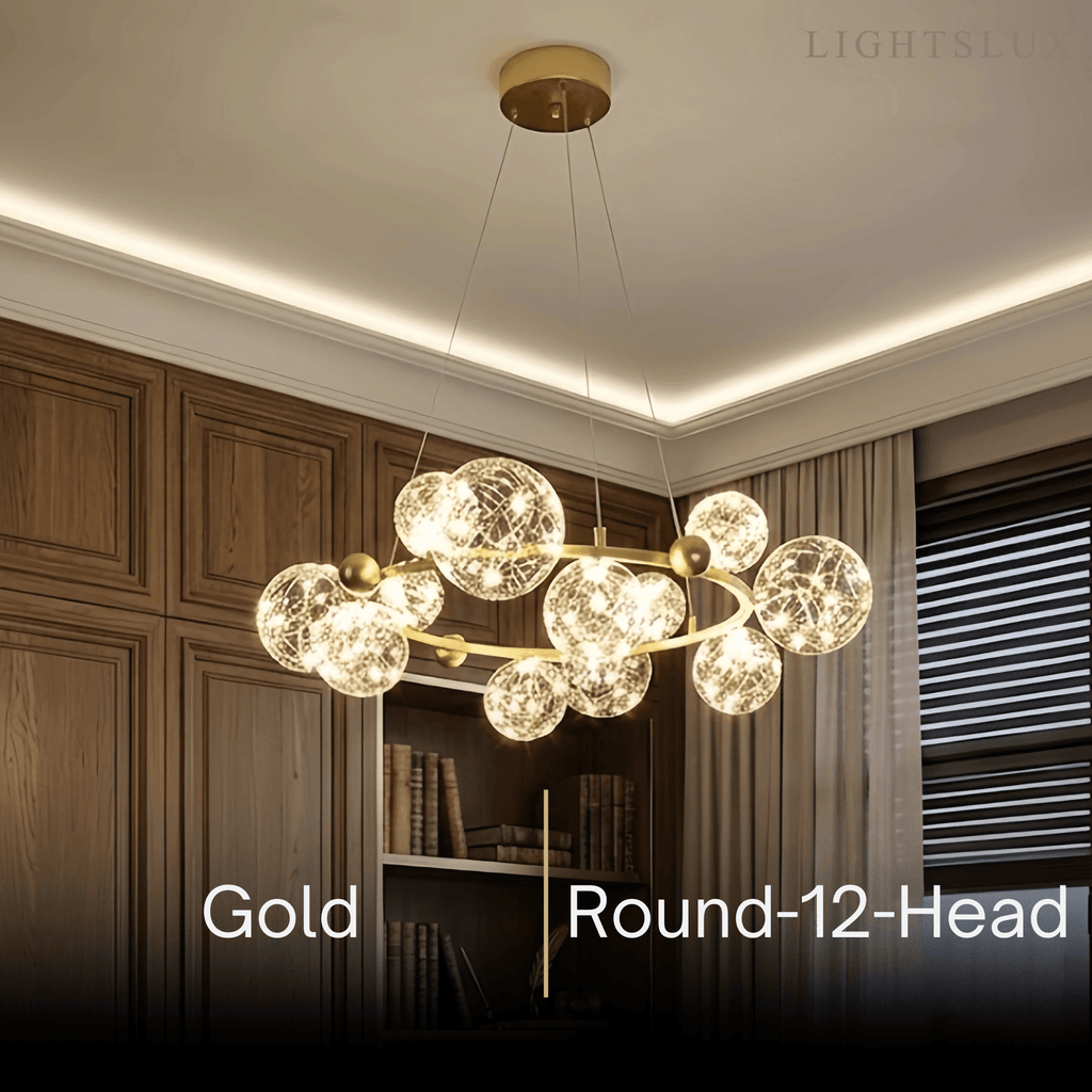 Lámpara de araña moderna de burbujas – Metal dorado/negro con vidrio cristal claro para cocina - Flindria