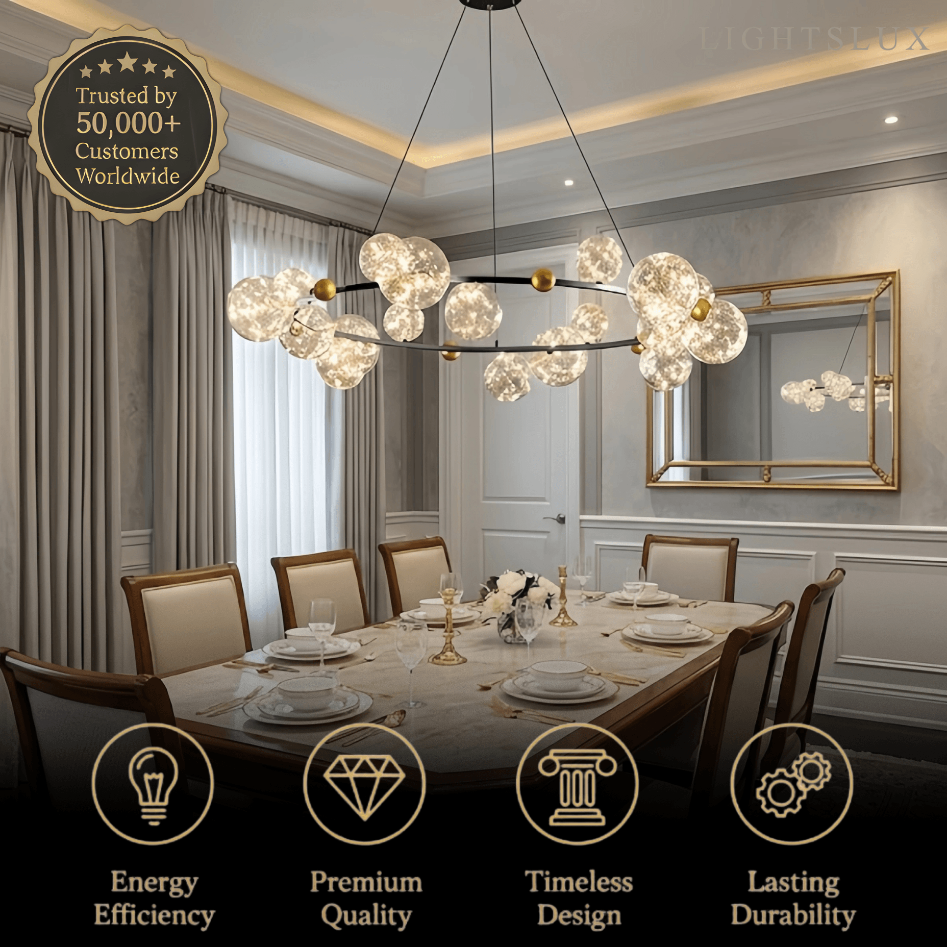 Lámpara de araña moderna de burbujas – Metal dorado/negro con vidrio cristal claro para cocina - Flindria
