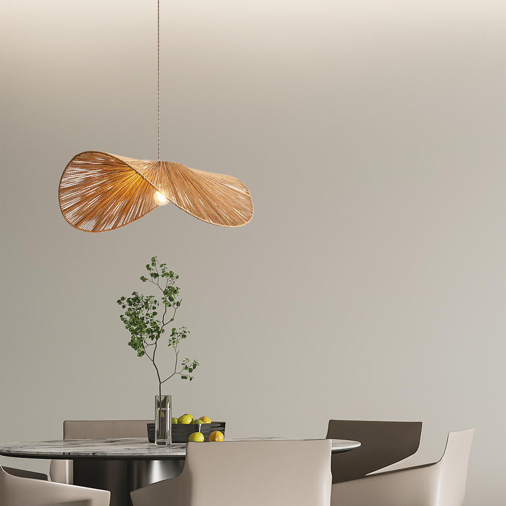 Lámpara colgante estilo rústico marrón/beige con capucha de ratán metálico para comedor - Flindria