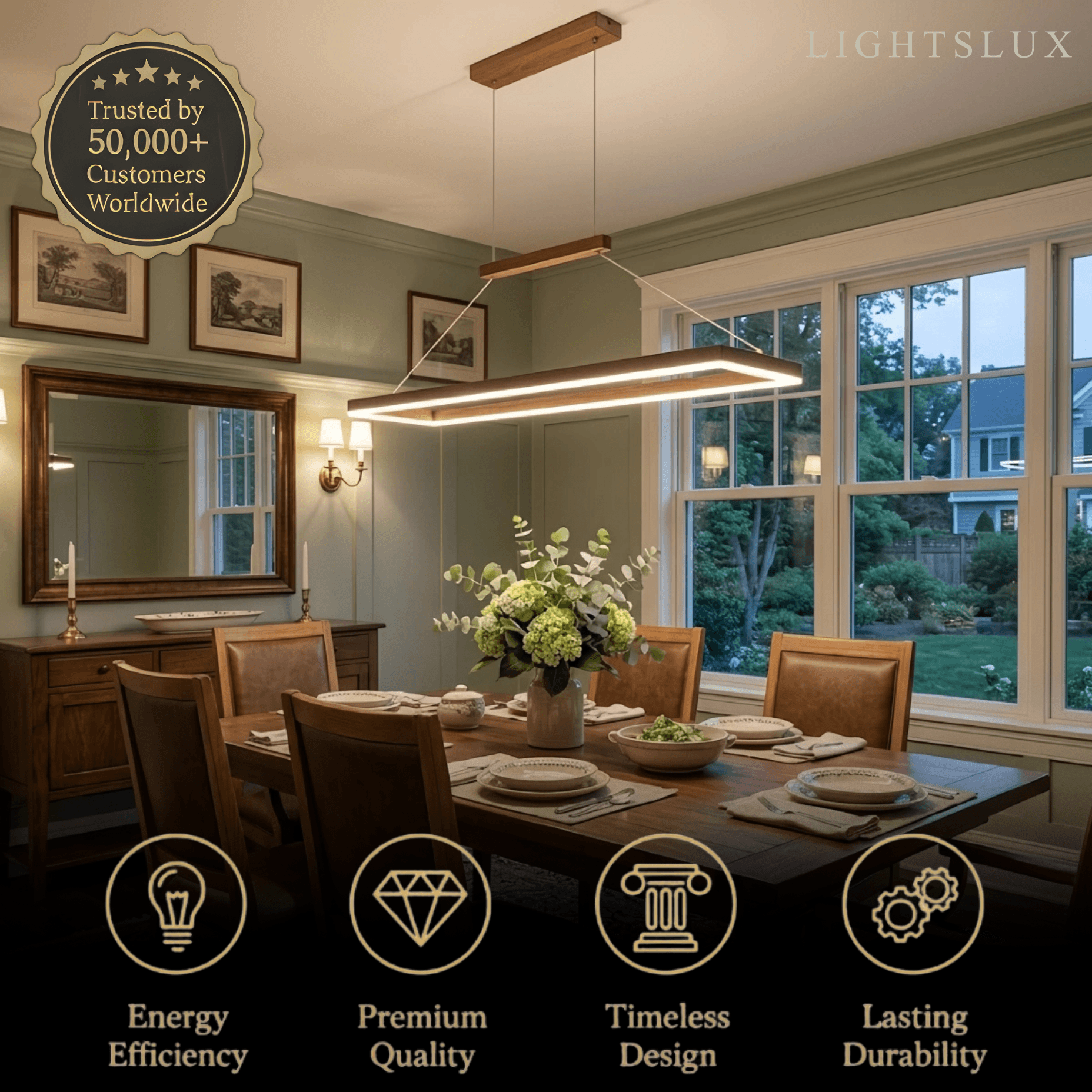 Luxe rechthoekige hanglamp — goud/koffie metaal dimbare LED voor eetkamer - Flindria