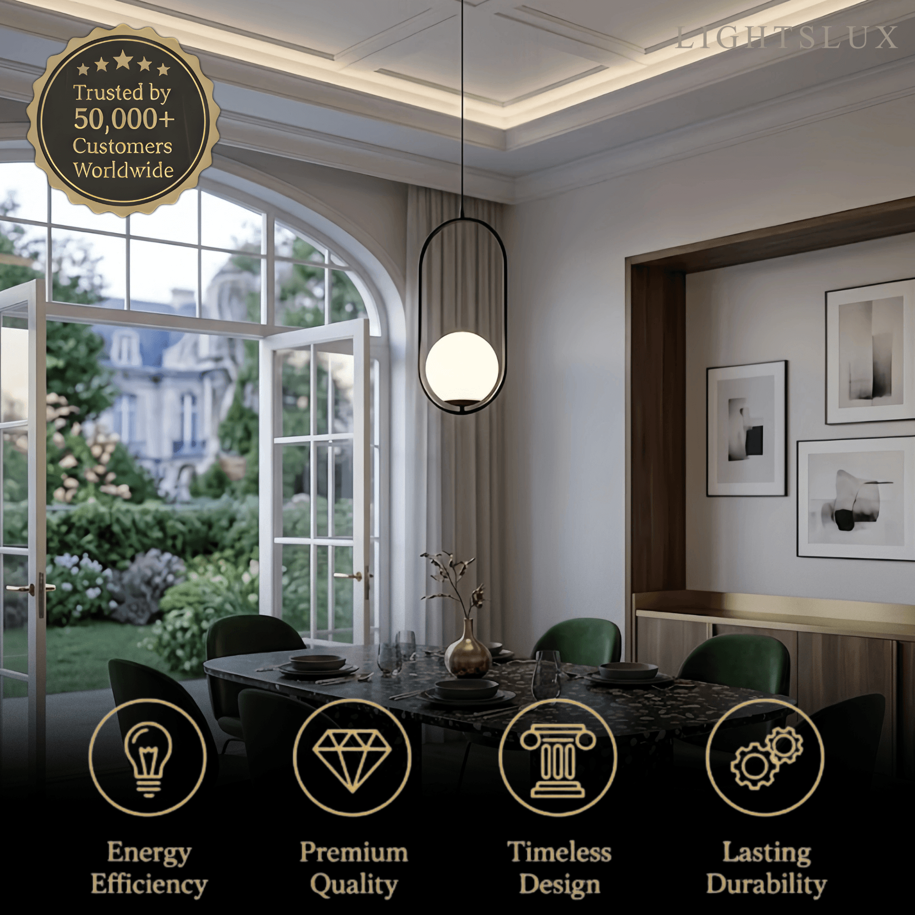Modern Oval Pendant Light - Black/Gold Metal/Glass for Living Room - Flindria
