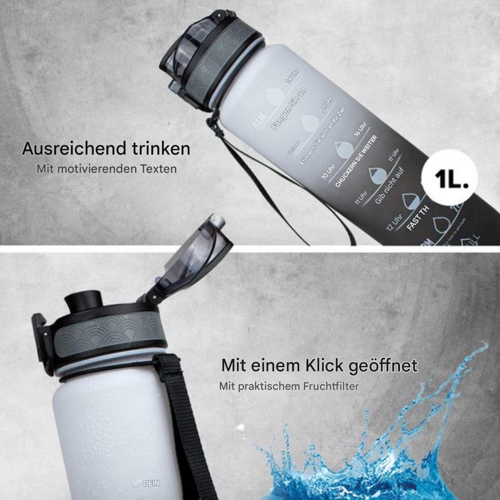 Hydrahero-waterfles van 1L met tijdsaanduidingen en rietje
