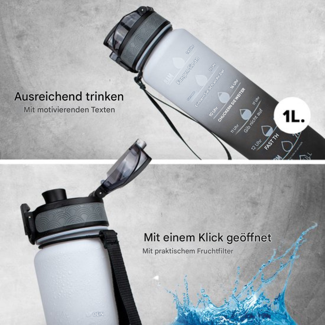 Hydrahero-waterfles van 1L met tijdsaanduidingen en rietje
