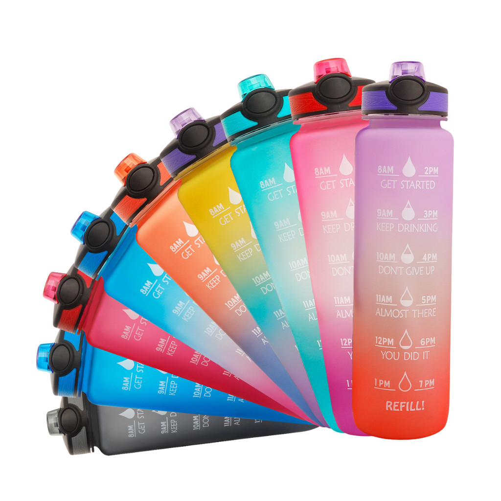 Hydrahero-waterfles van 1L met tijdsaanduidingen en rietje
