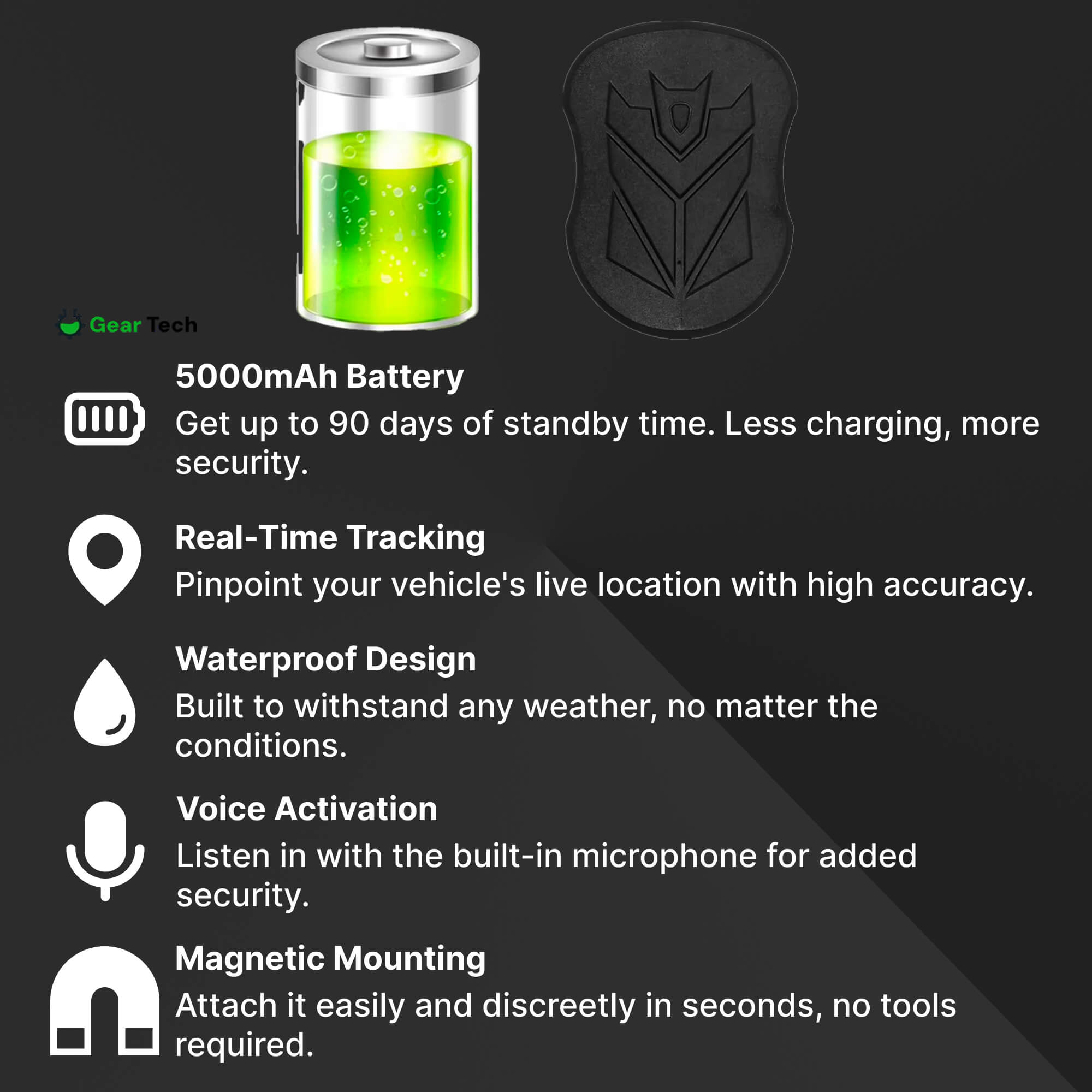Rastreador GPS impermeable para vehículos — Seguimiento en tiempo real, activación por voz, batería de 5000 mAh
