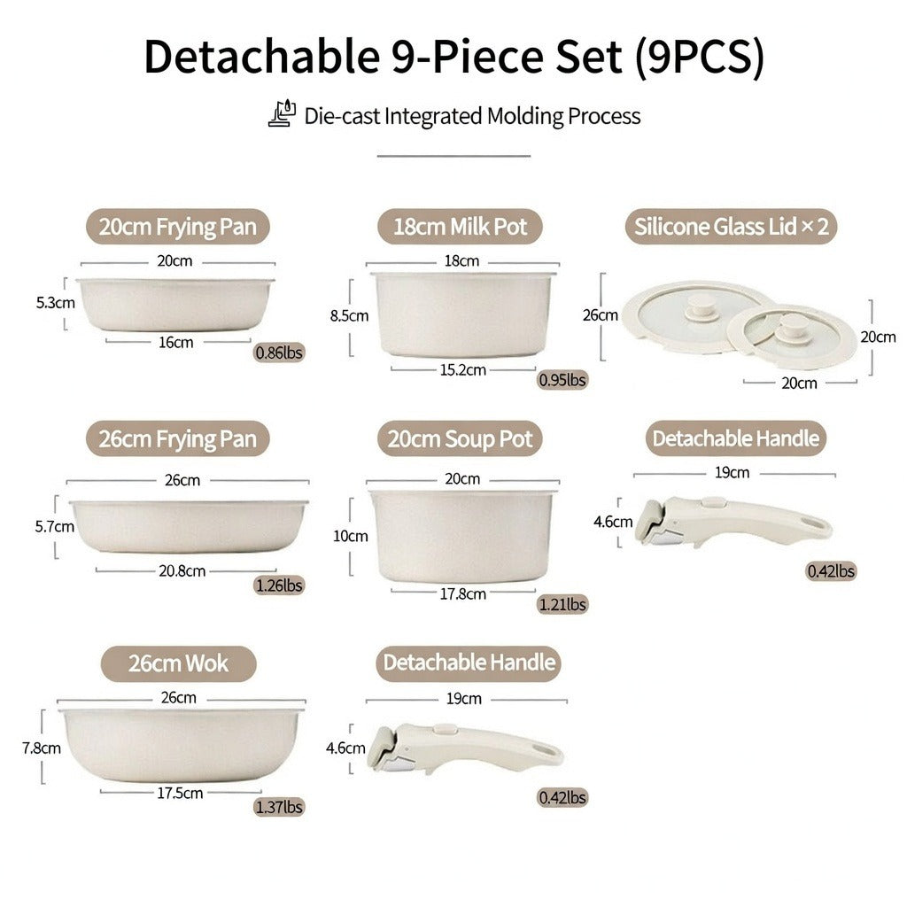 Compact Non Toxic Ceramic Cookware Ensemble — Stackable Pans, Detachable Handles