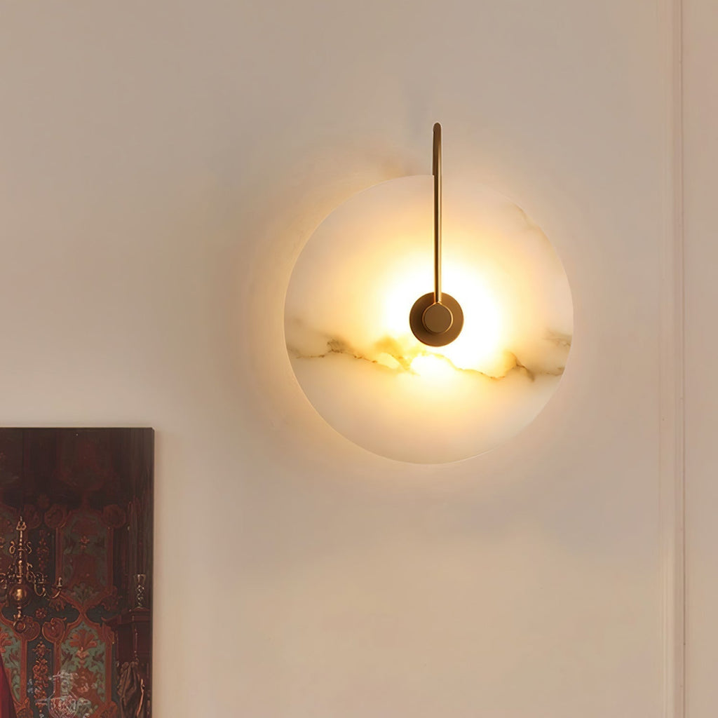 Alabaster LED Disc Wall Sconce — Warm Light, Black Arm