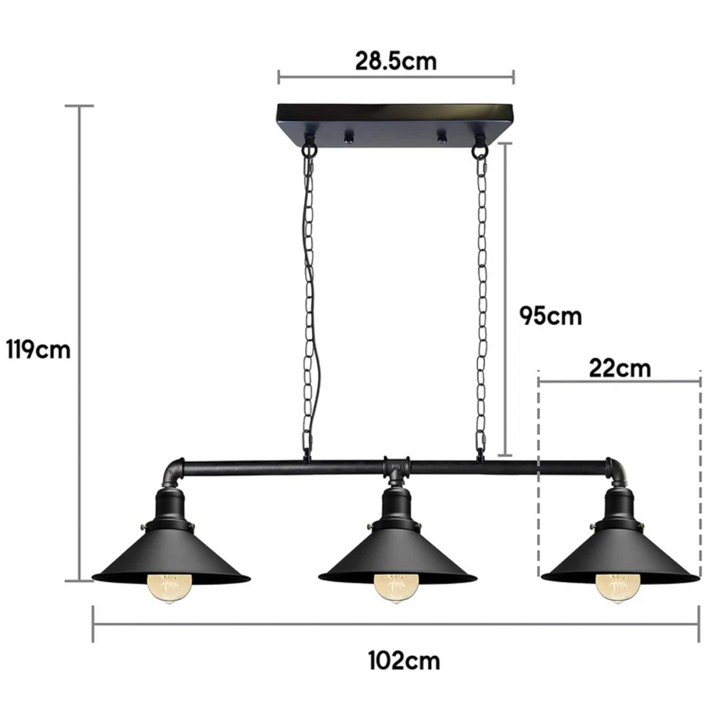 Industrial Black Metal Ceiling Lamp, 3-E27 Vintage Style, Exposed Pipe Design