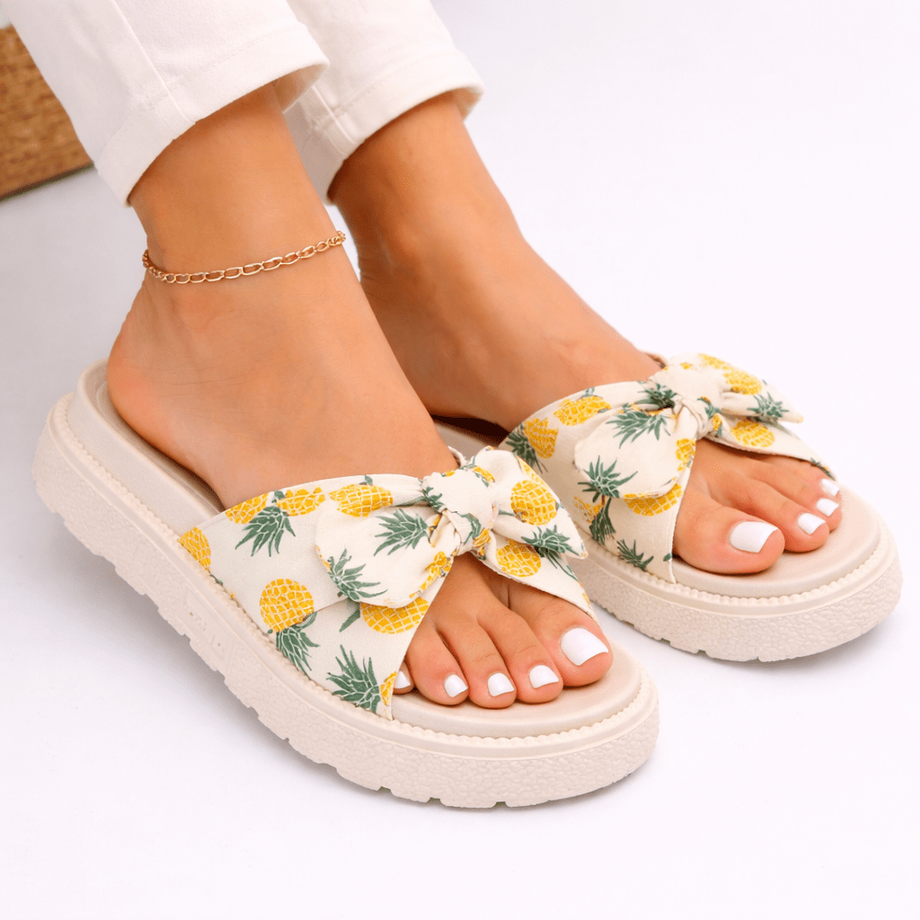 Women's Flat Slip-On Sandals — Textured Woven Strap, Front Bow Detail