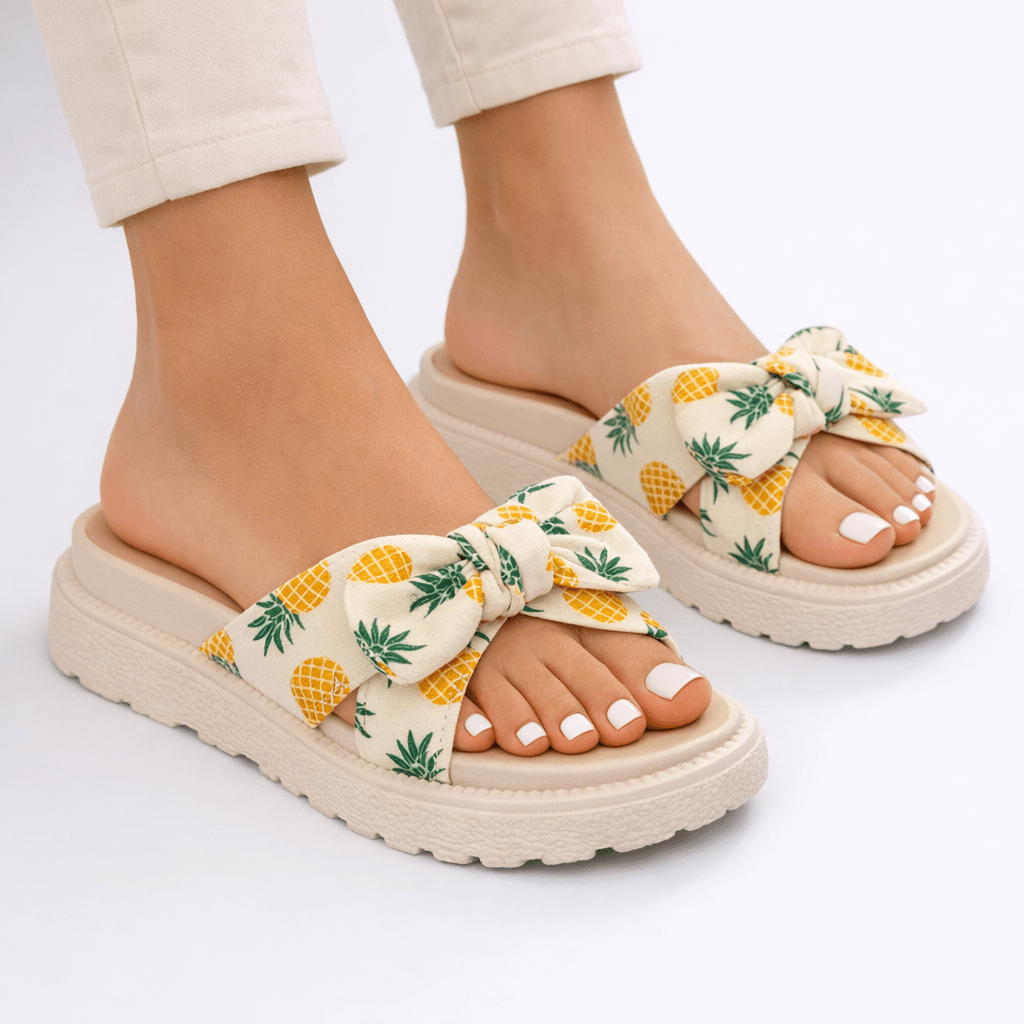 Women's Flat Slip-On Sandals — Textured Woven Strap, Front Bow Detail