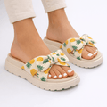 Women's Flat Slip-On Sandals — Textured Woven Strap, Front Bow Detail