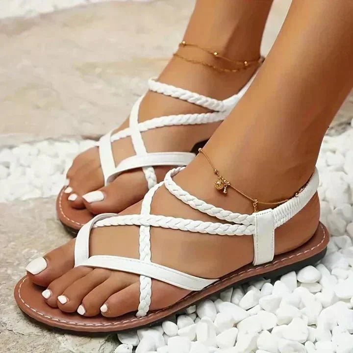 Sandales plates à brides pour femmes - Bride croisée à bout ouvert, semelle légère