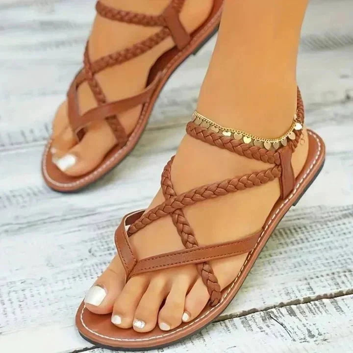 Sandales plates à brides pour femmes - Bride croisée à bout ouvert, semelle légère