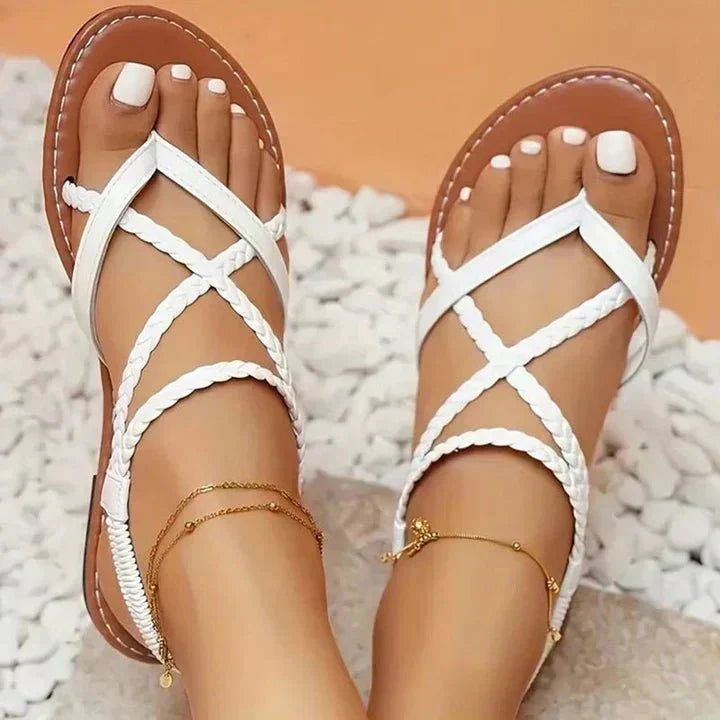 Sandales plates à brides pour femmes - Bride croisée à bout ouvert, semelle légère