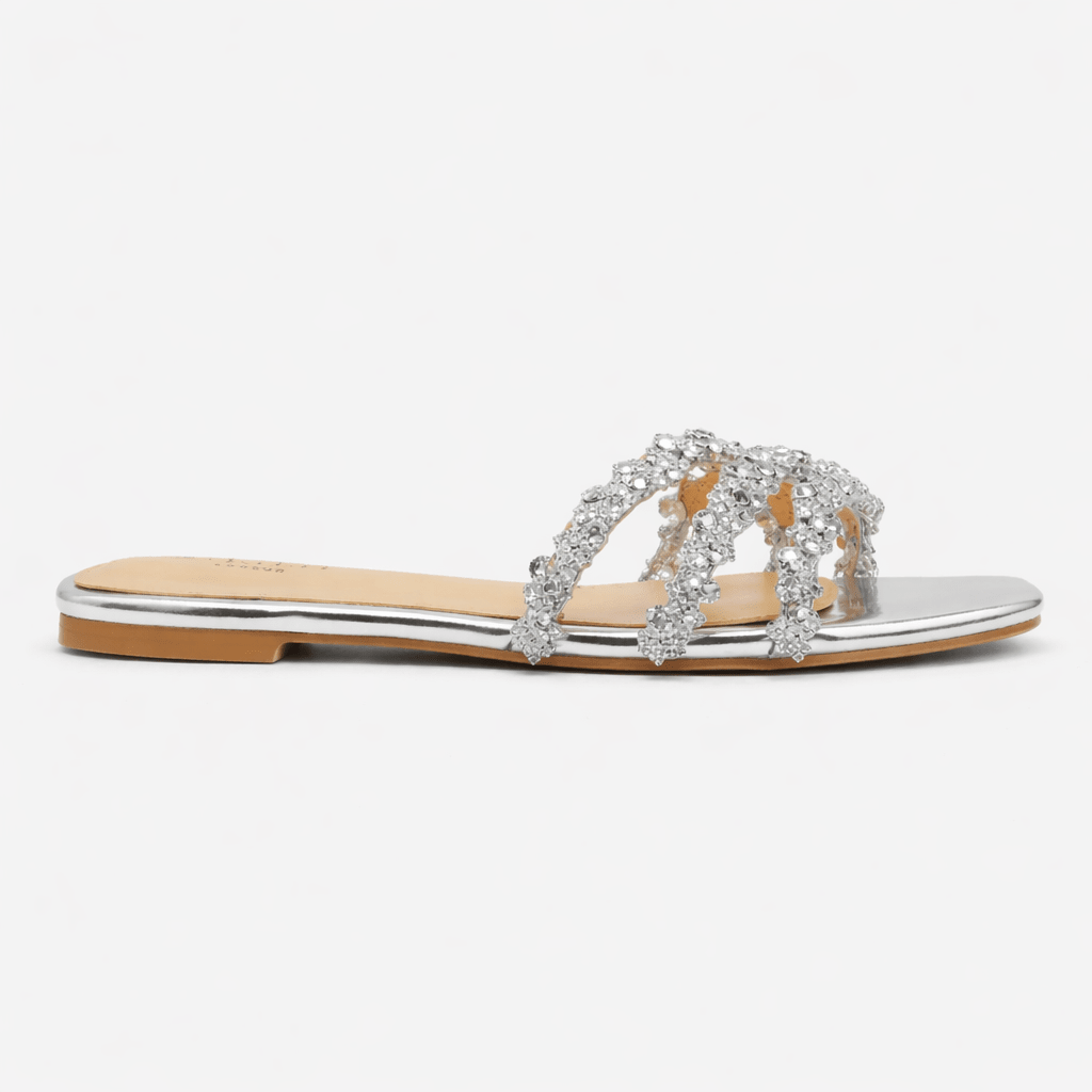 Platte zomersandalen voor dames - diamanten detail, comfortabele pasvorm, vierkante neus