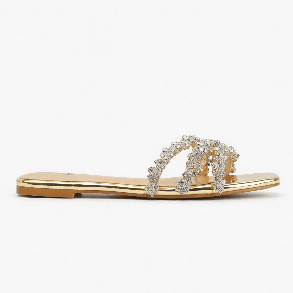 Platte zomersandalen voor dames - diamanten detail, comfortabele pasvorm, vierkante neus