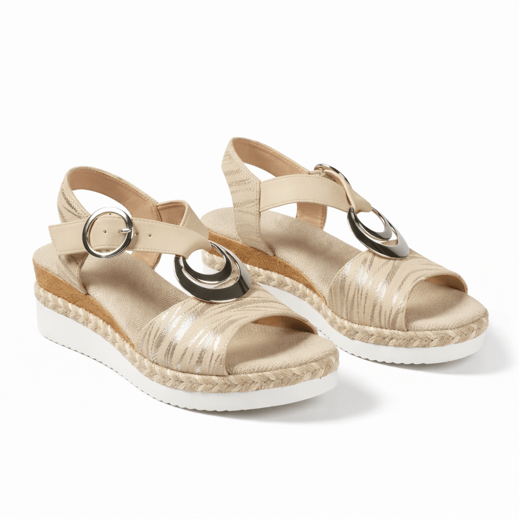 Women's Metallic Wedge Sandals — Reflective Upper, Supportive Ankle Strap