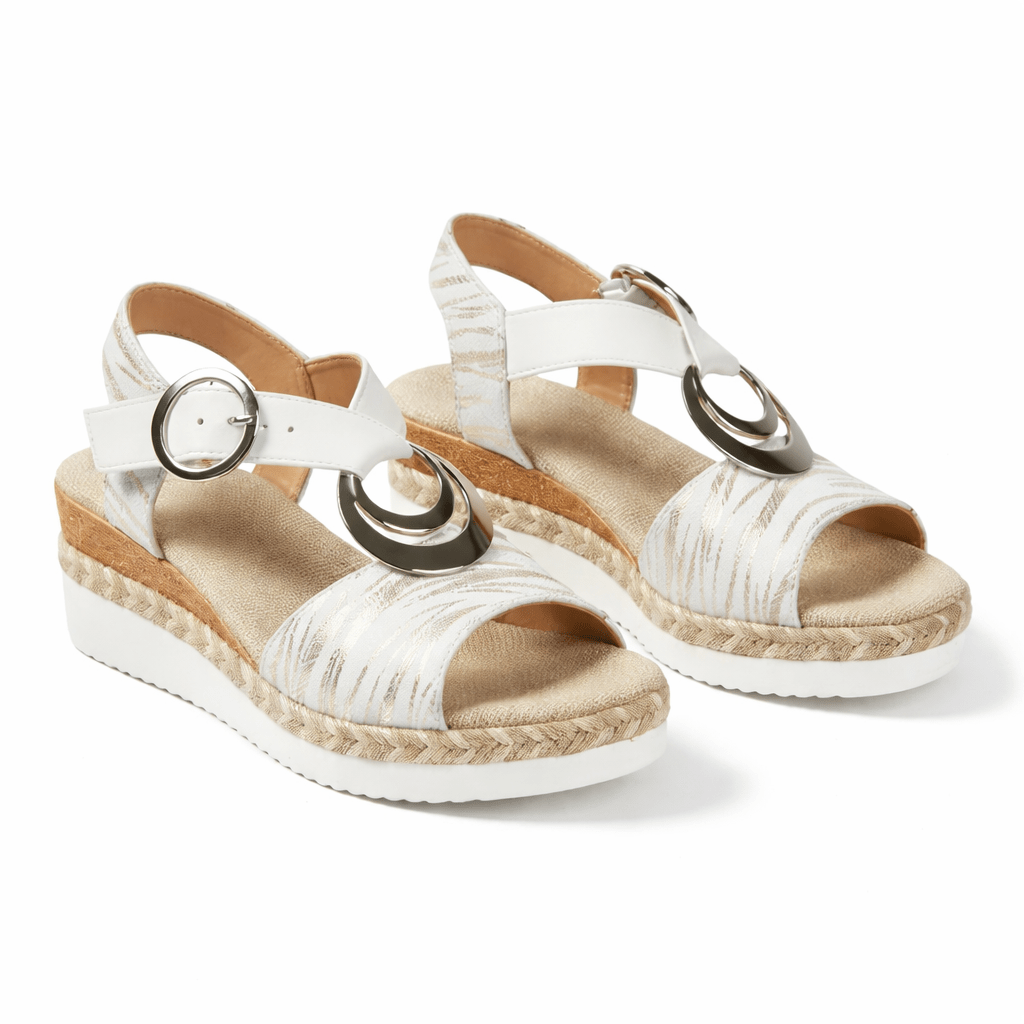 Women's Metallic Wedge Sandals — Reflective Upper, Supportive Ankle Strap