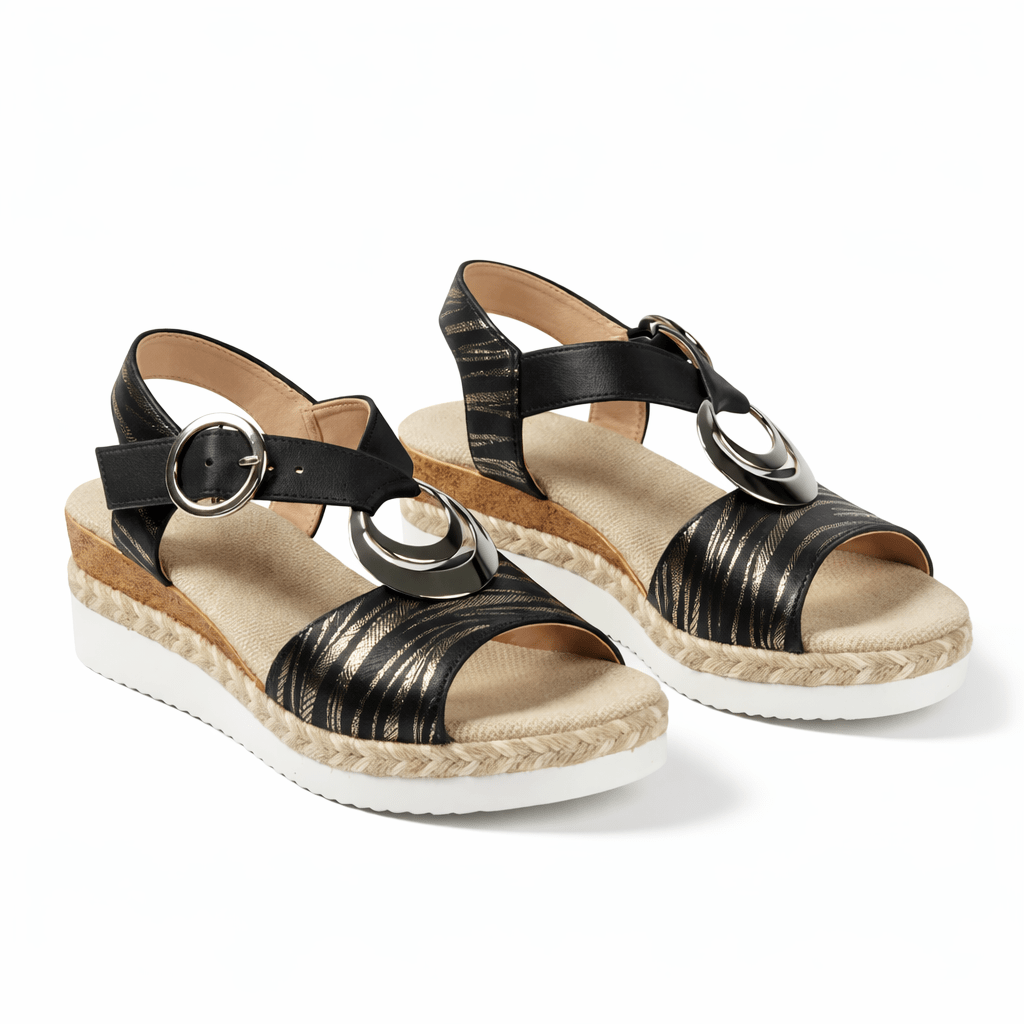 Women's Metallic Wedge Sandals — Reflective Upper, Supportive Ankle Strap