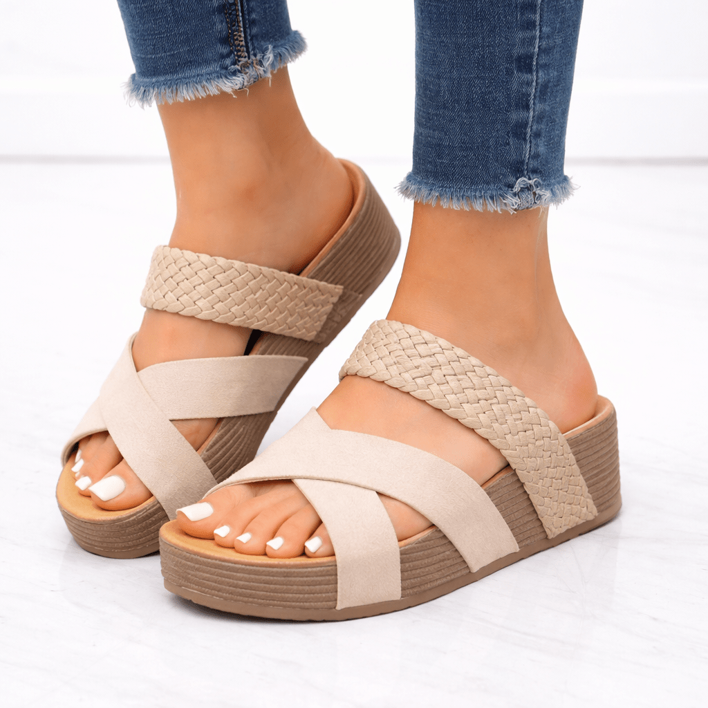 Orthopädische Damen-Keilsandalen - geflochtene Kreuzriemen, verstellbare Passform, gepolsterte Plattform im Inneren
