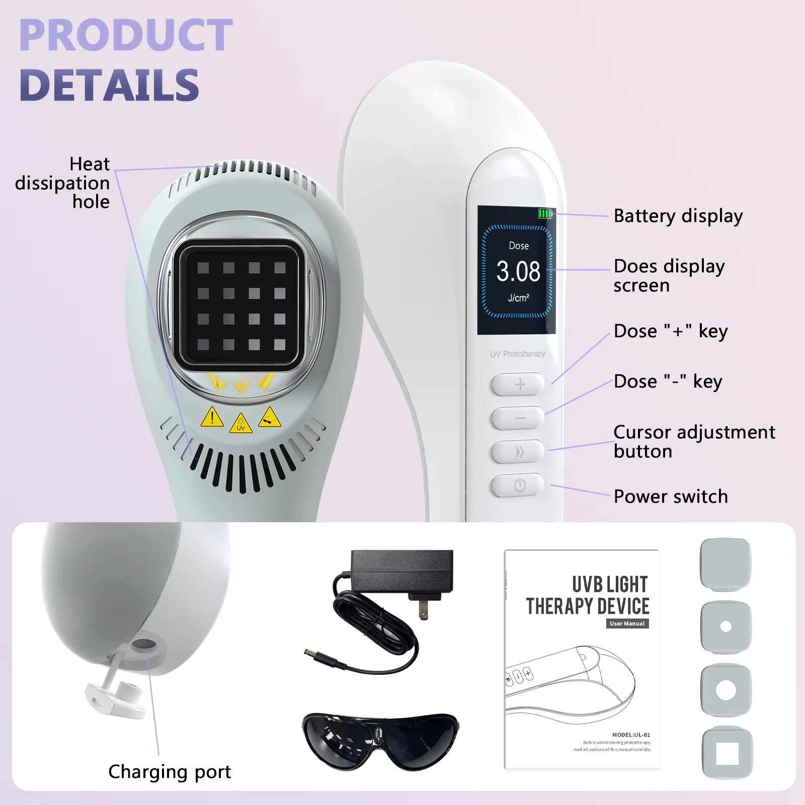 Luz de terapia UVB de 308 nm: tres pantallas de lámpara independientes, inalámbrica y portátil