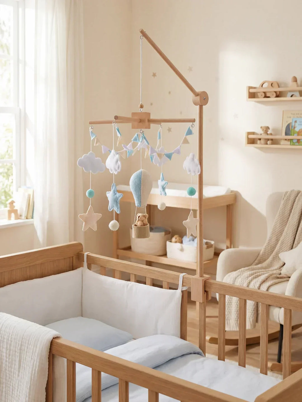 Wooden Baby Crib Mobile — Direct Arm Mount, Minimalist Design