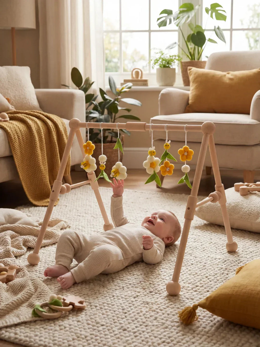 Sturdy Wooden Baby Play Arch — Wobble-Resistant Sensory Toy Gym, Hanging Toys