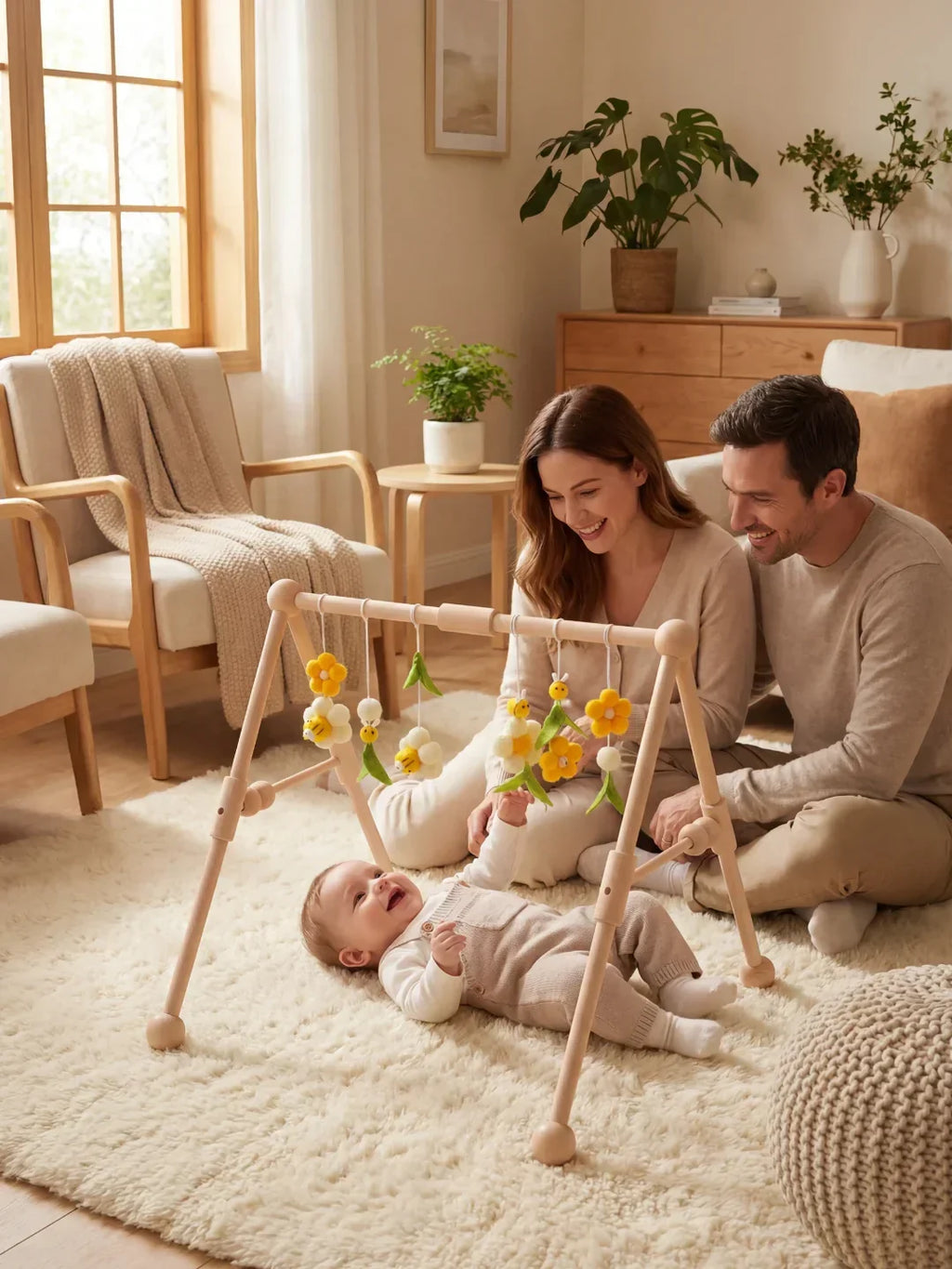 Sturdy Wooden Baby Play Arch — Wobble-Resistant Sensory Toy Gym, Hanging Toys