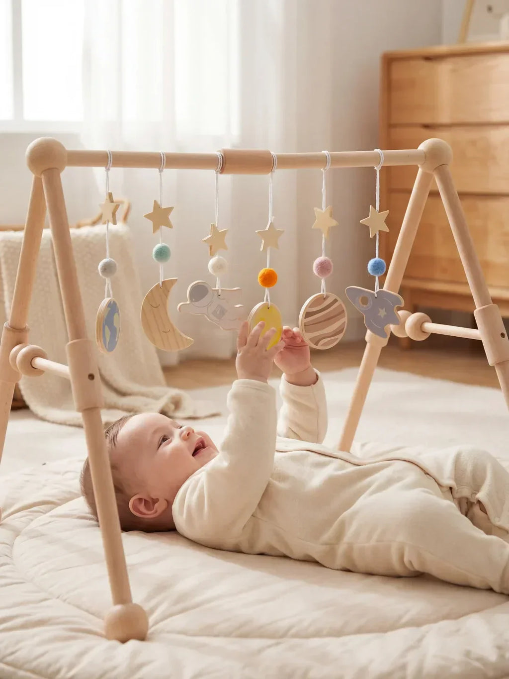 Sturdy Wooden Baby Play Arch — Wobble-Resistant Sensory Toy Gym, Hanging Toys