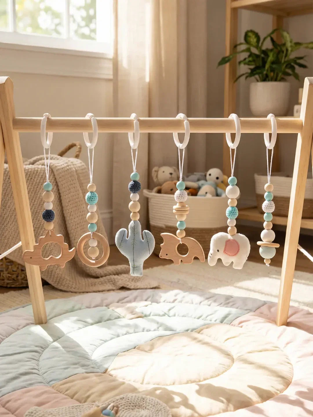 Montessori Wooden Baby Gym Dangles — Animal Shaped Hanging Toys