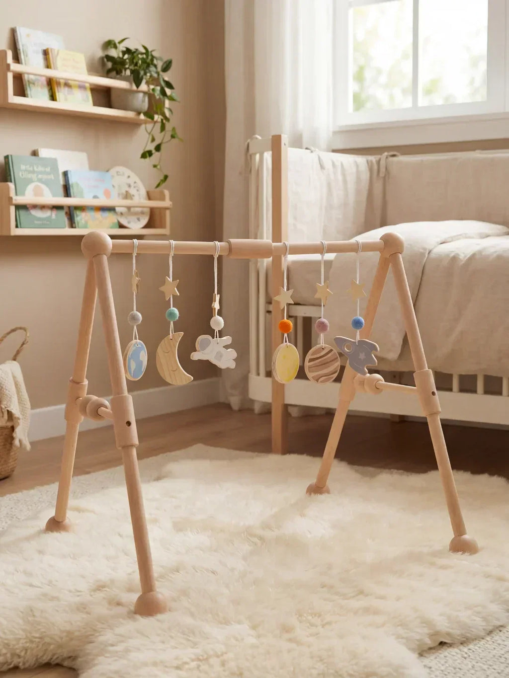 Sturdy Wooden Baby Play Arch — Wobble-Resistant Sensory Toy Gym, Hanging Toys