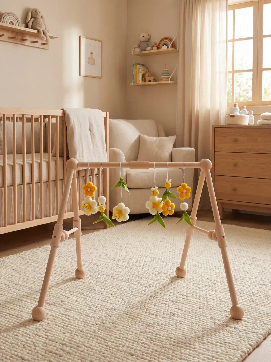 Sturdy Wooden Baby Play Arch — Wobble-Resistant Sensory Toy Gym, Hanging Toys