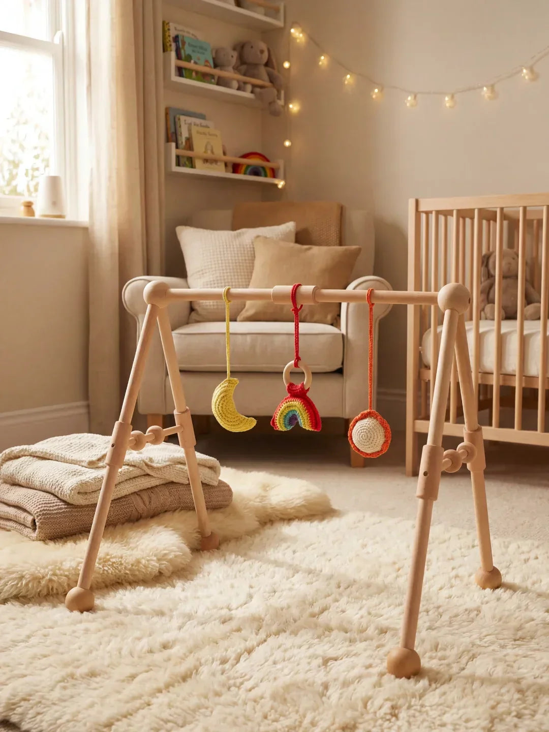 Sturdy Wooden Baby Play Arch — Wobble-Resistant Sensory Toy Gym, Hanging Toys