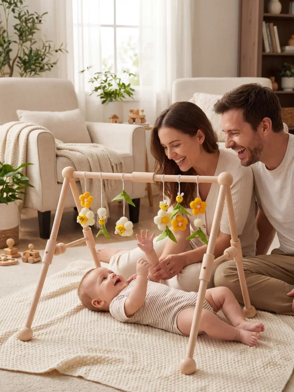 Sturdy Wooden Baby Play Arch — Wobble-Resistant Sensory Toy Gym, Hanging Toys