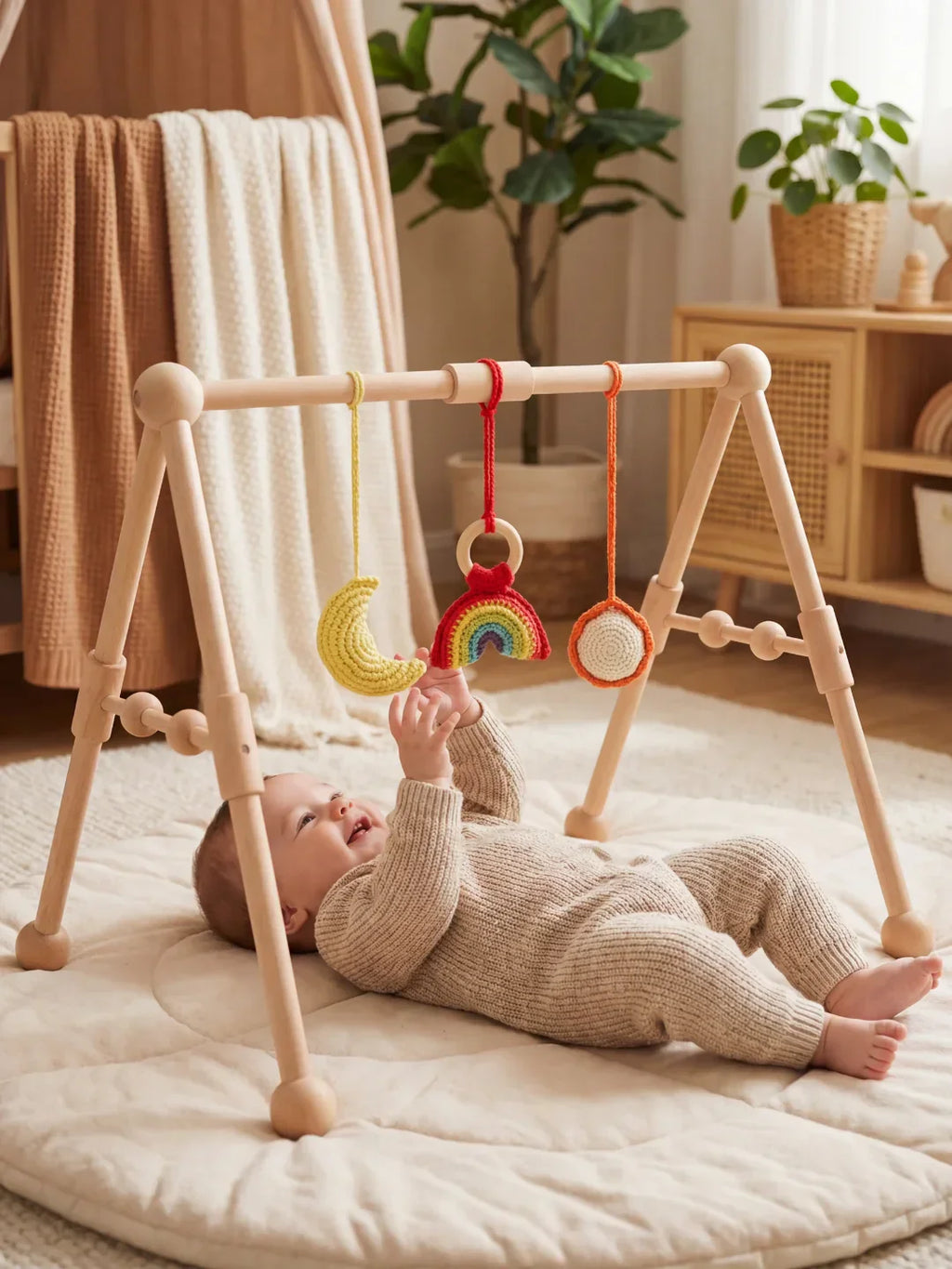 Sturdy Wooden Baby Play Arch — Wobble-Resistant Sensory Toy Gym, Hanging Toys