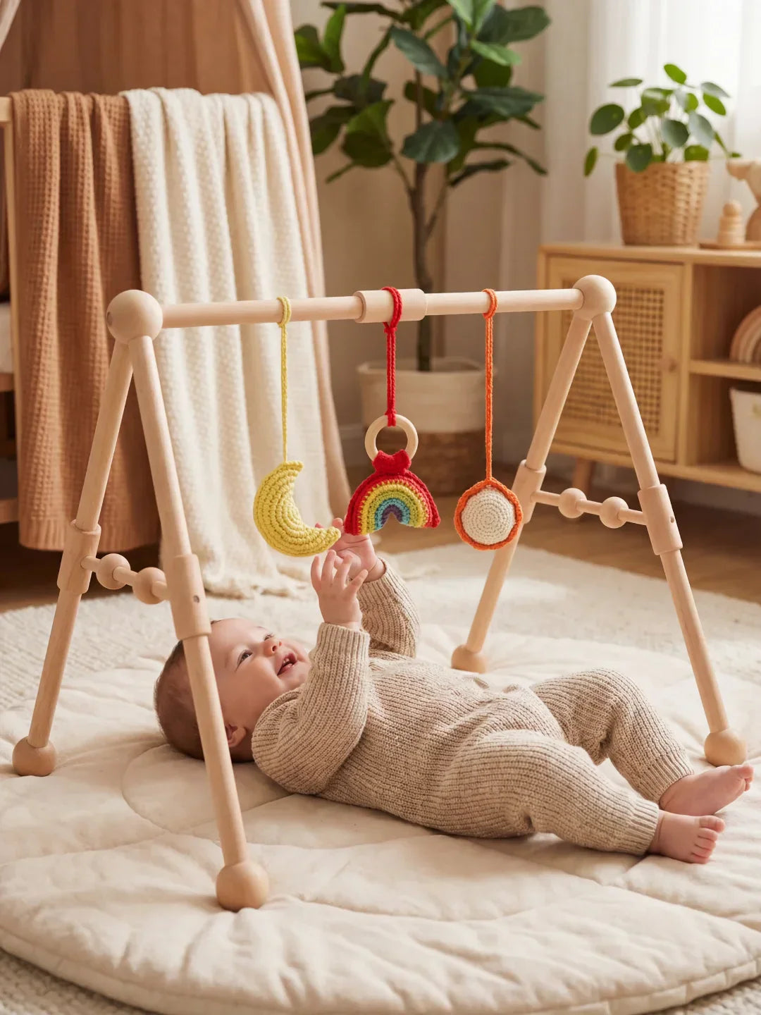 Sturdy Wooden Baby Play Arch — Wobble-Resistant Sensory Toy Gym, Hanging Toys