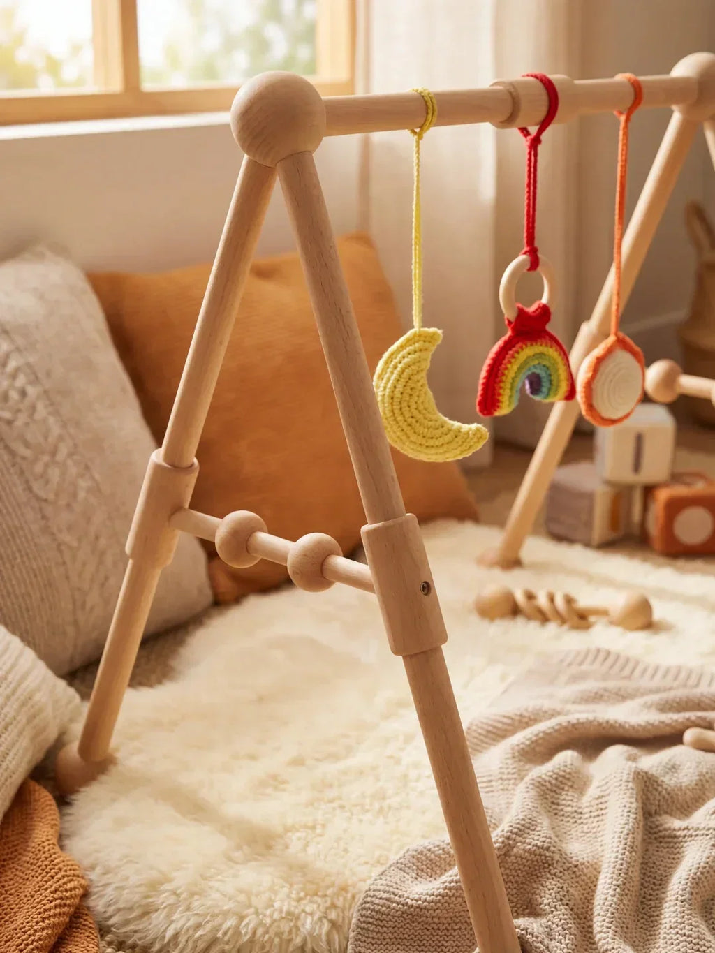 Sturdy Wooden Baby Play Arch — Wobble-Resistant Sensory Toy Gym, Hanging Toys