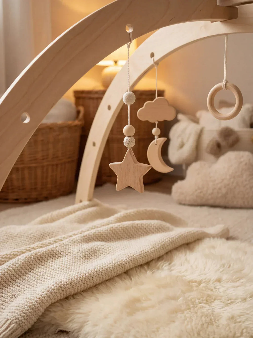 Moon and Stars Wooden Activity Arch — Crossed Frame Construction, Baby Sensory Play Gym
