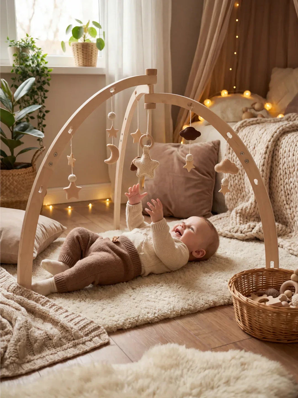 Moon and Stars Wooden Activity Arch — Crossed Frame Construction, Baby Sensory Play Gym