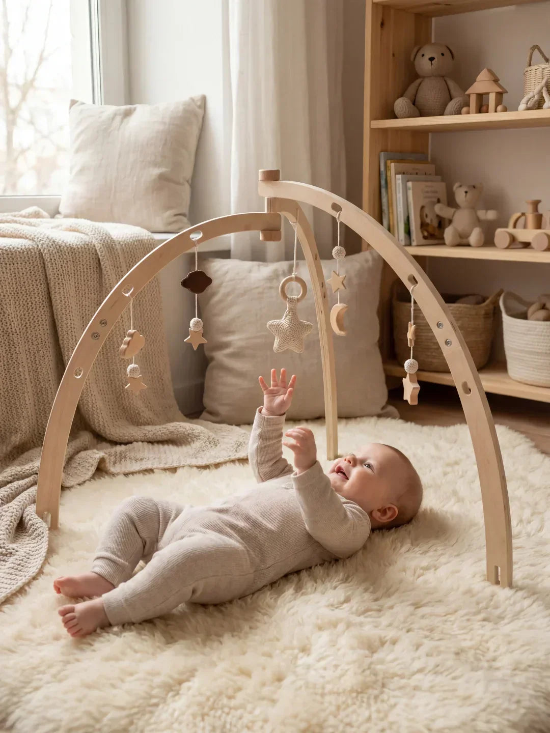 Moon and Stars Wooden Activity Arch — Crossed Frame Construction, Baby Sensory Play Gym