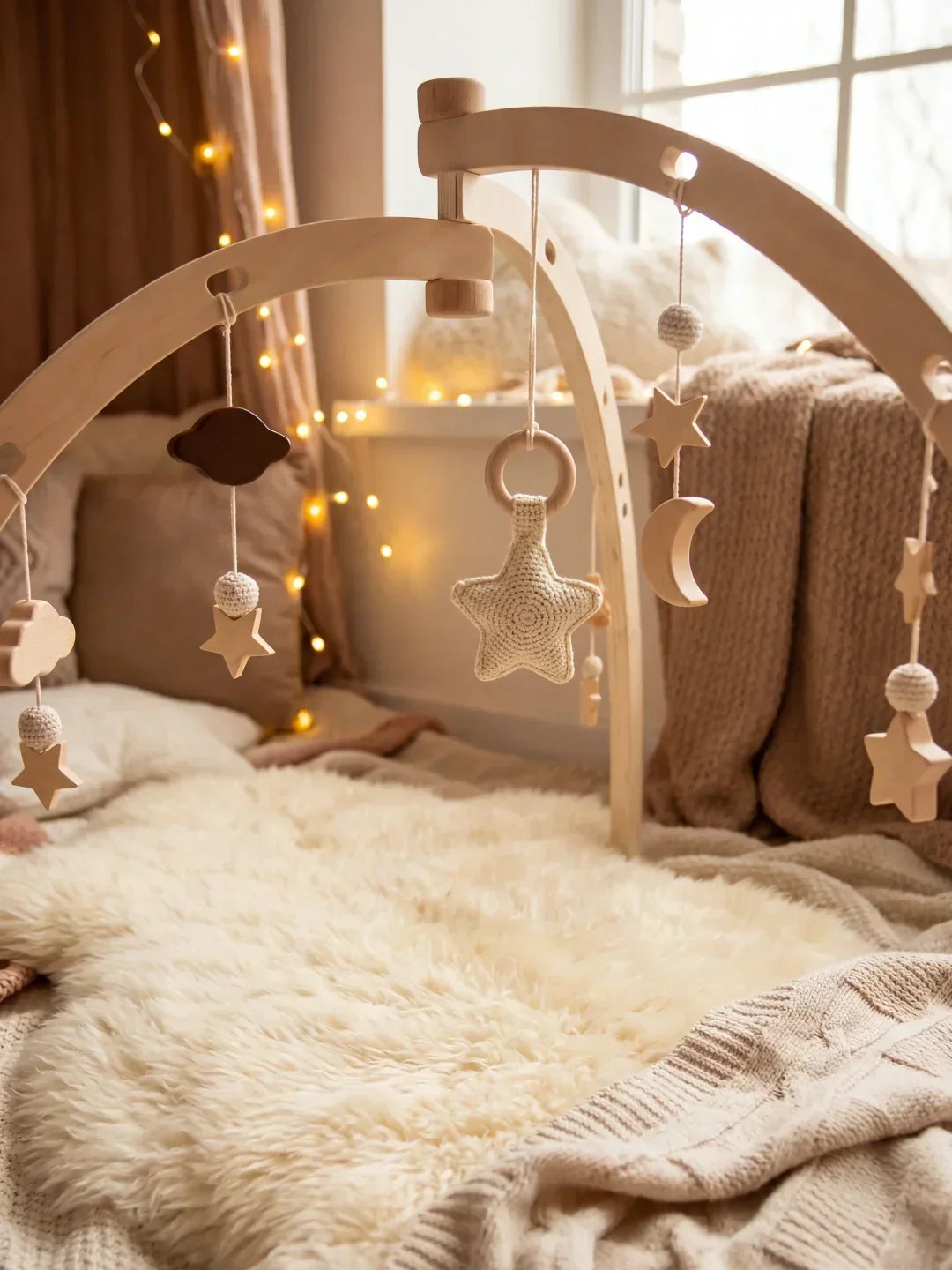 Moon and Stars Wooden Activity Arch — Crossed Frame Construction, Baby Sensory Play Gym