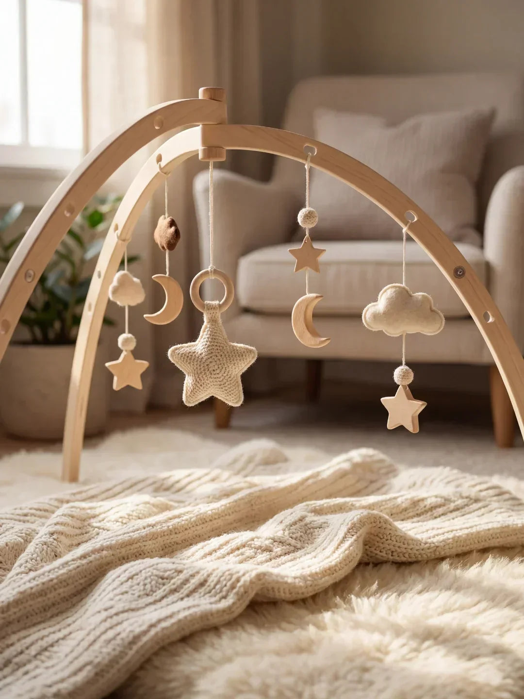 Moon and Stars Wooden Activity Arch — Crossed Frame Construction, Baby Sensory Play Gym