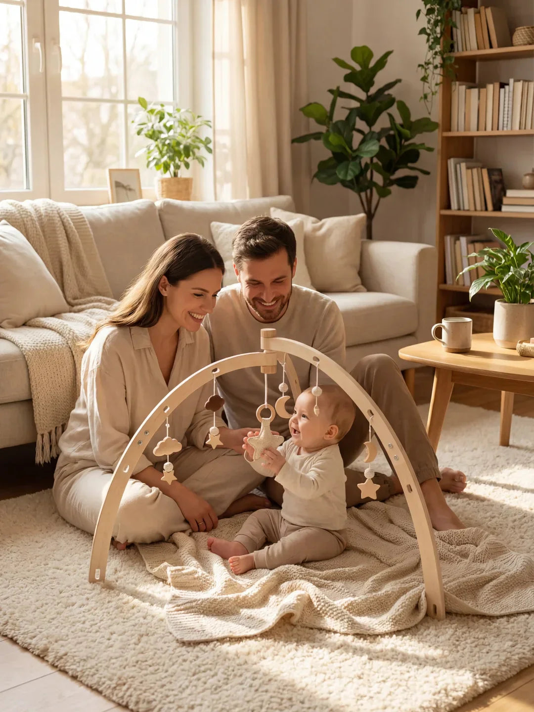 Moon and Stars Wooden Activity Arch — Crossed Frame Construction, Baby Sensory Play Gym