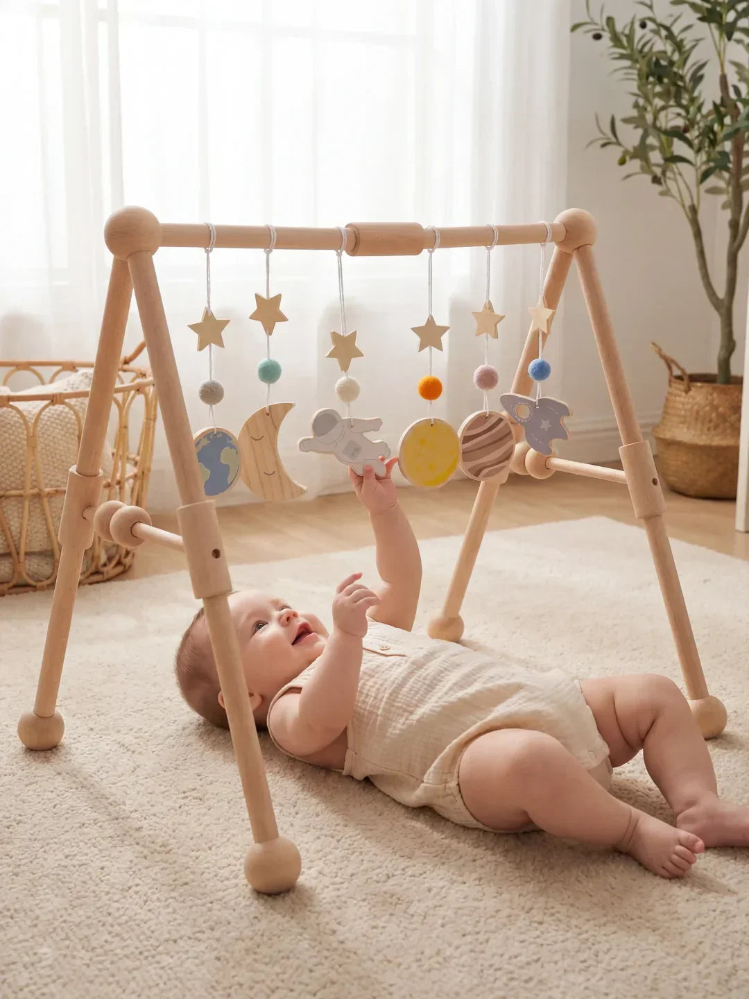 Sturdy Wooden Baby Play Arch — Wobble-Resistant Sensory Toy Gym, Hanging Toys