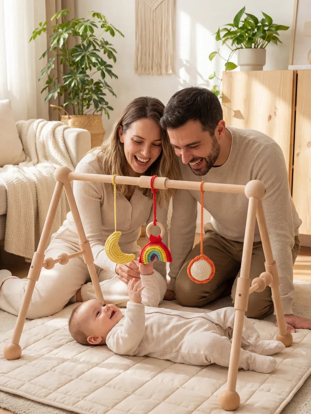 Sturdy Wooden Baby Play Arch — Wobble-Resistant Sensory Toy Gym, Hanging Toys
