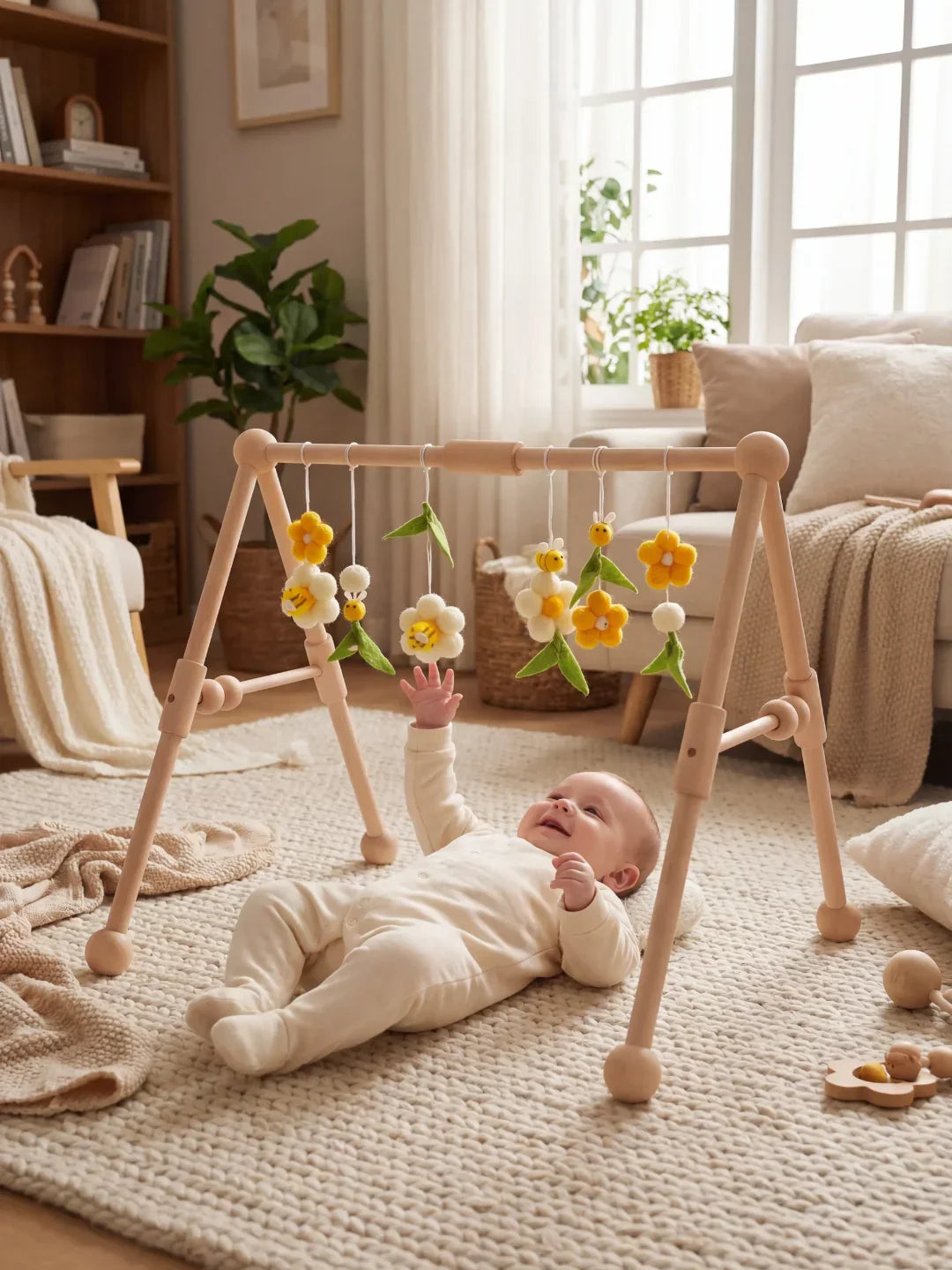 Sturdy Wooden Baby Play Arch — Wobble-Resistant Sensory Toy Gym, Hanging Toys