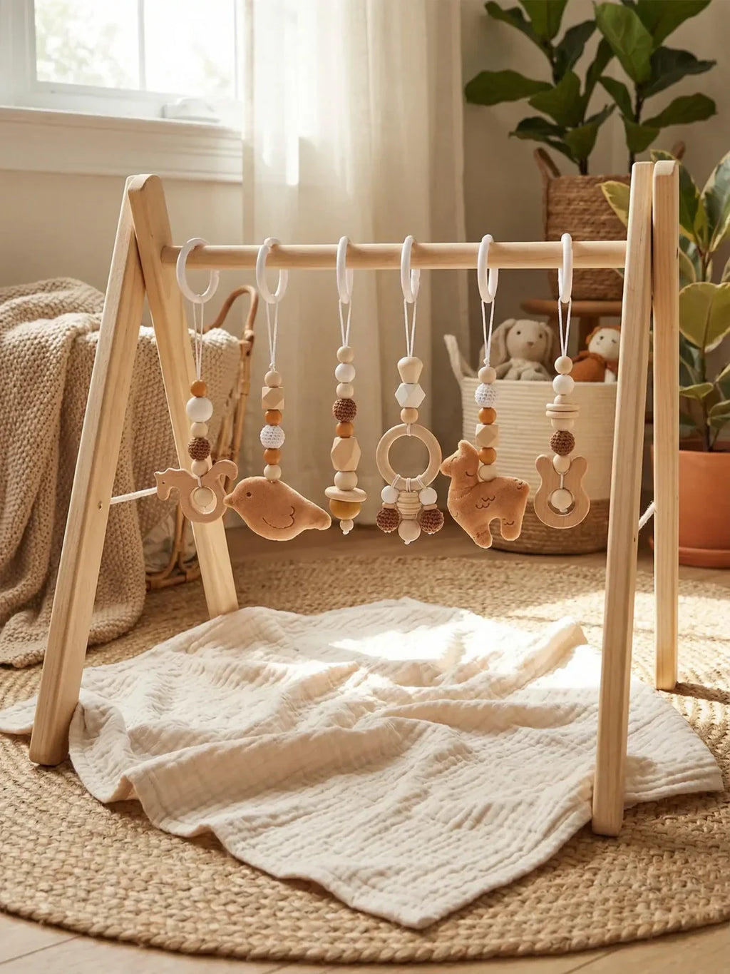 Montessori Wooden Baby Gym Dangles — Animal Shaped Hanging Toys