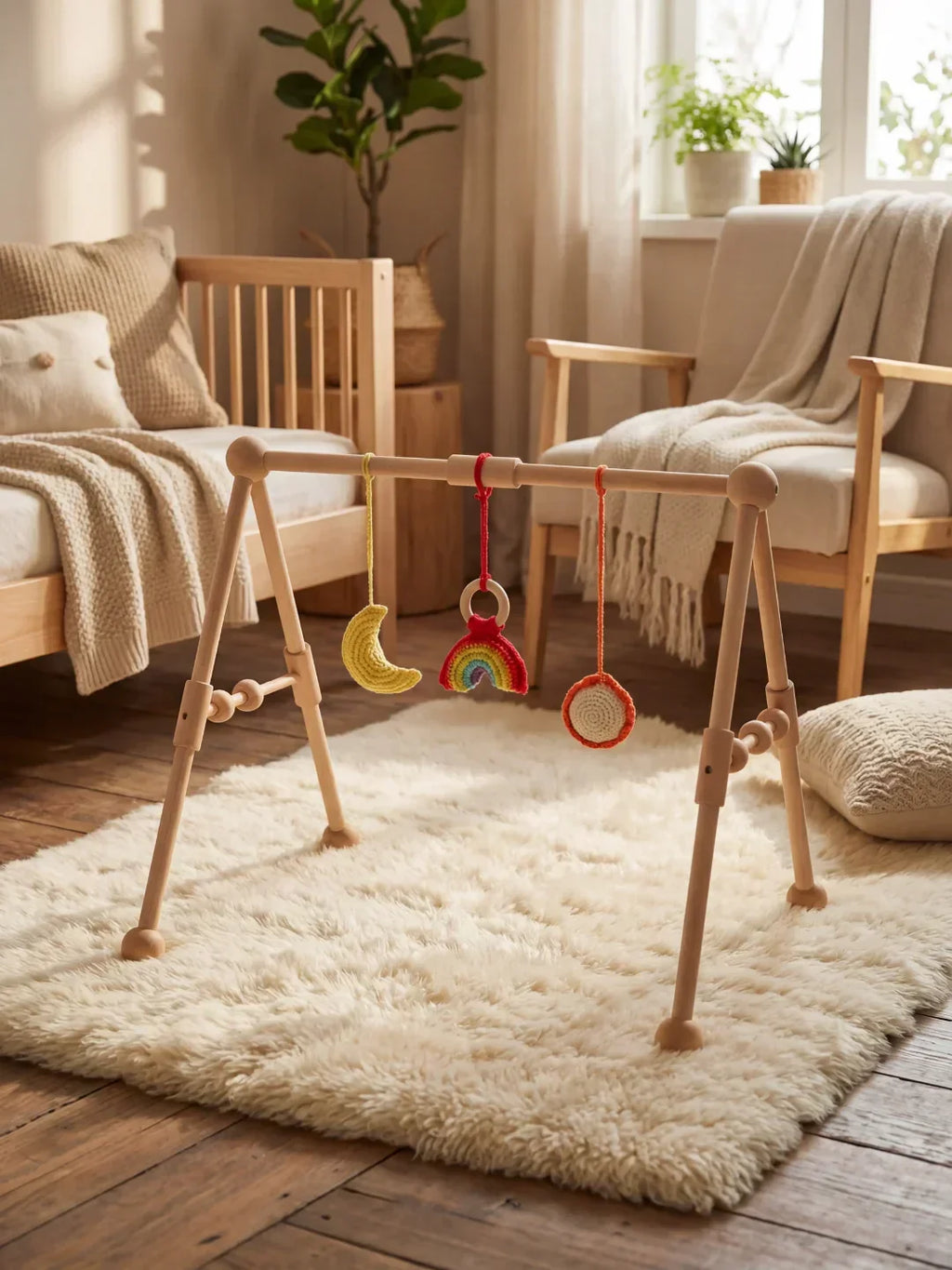 Sturdy Wooden Baby Play Arch — Wobble-Resistant Sensory Toy Gym, Hanging Toys