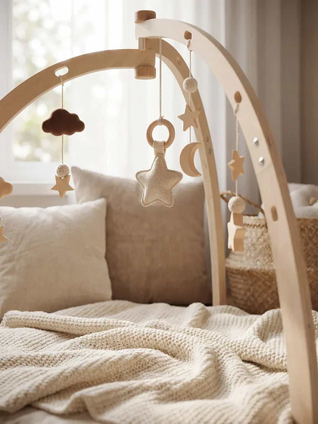 Moon and Stars Wooden Activity Arch — Crossed Frame Construction, Baby Sensory Play Gym